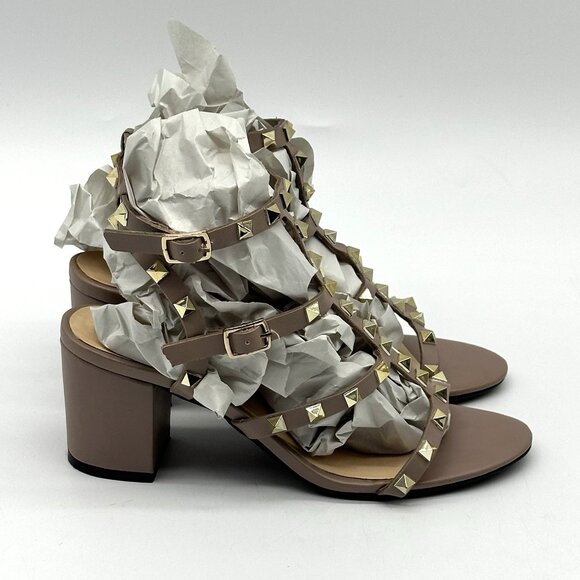 Kaitlyn Pan Beige Nude Leather Rockstud Caged Heeled Sandals Women's Size 6.5M - Picture 3 of 11